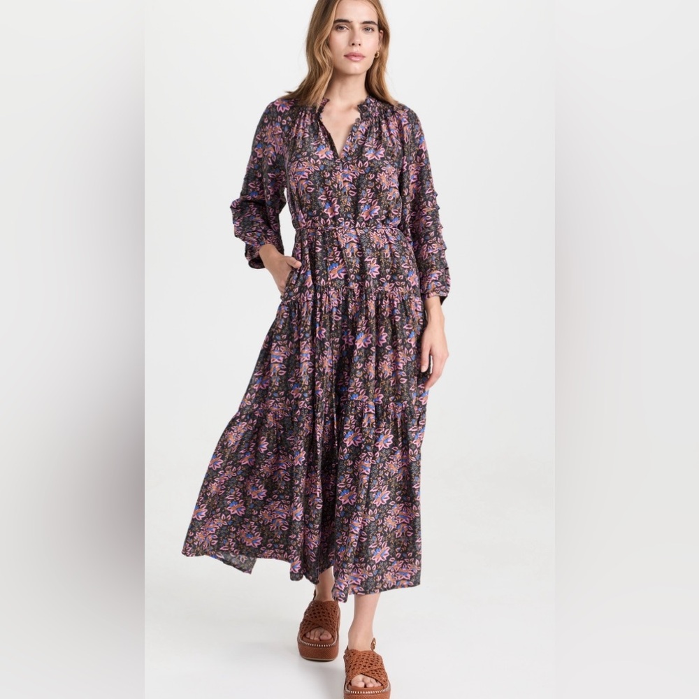 Apiece Apart Black and Purple Floral Long Sleeve Dress